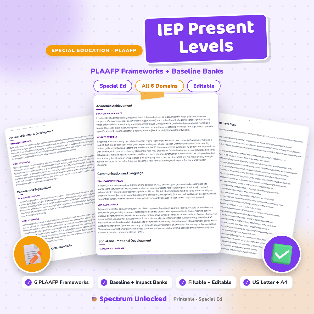 IEP Present Levels cover, PLAAFP frameworks and baseline banks, fillable and editable in US Letter and A4