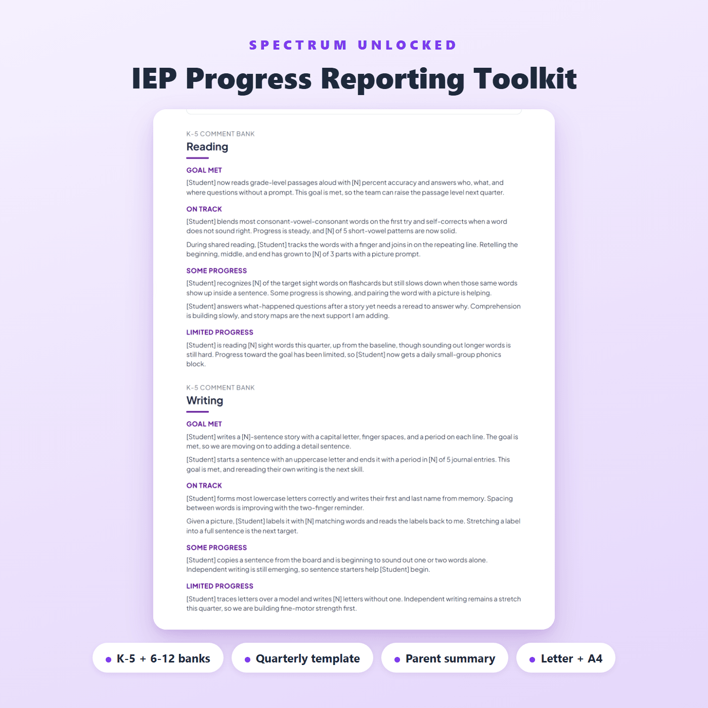 IEP Progress Reporting Toolkit K-5 comment bank for reading and writing, with goal-met, on-track, some-progress, and limited-progress comments to adapt