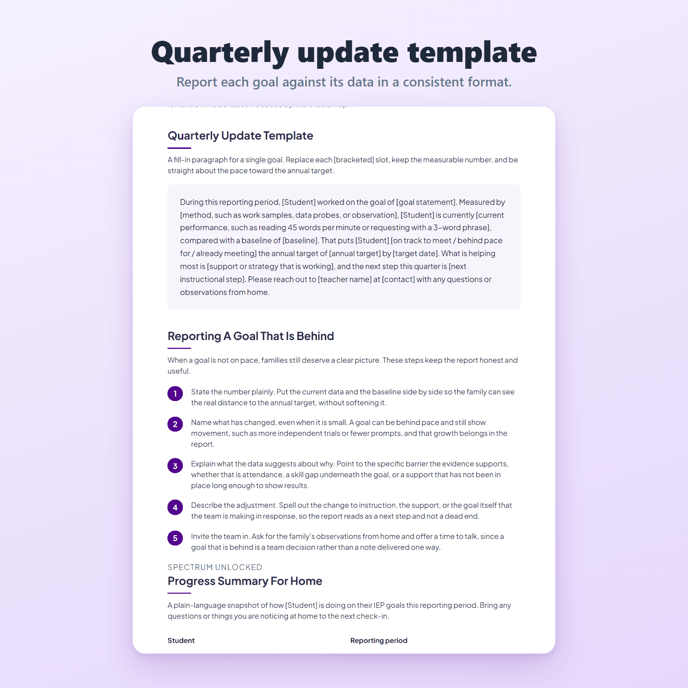 IEP quarterly progress update template for reporting each goal against its data in a consistent format
