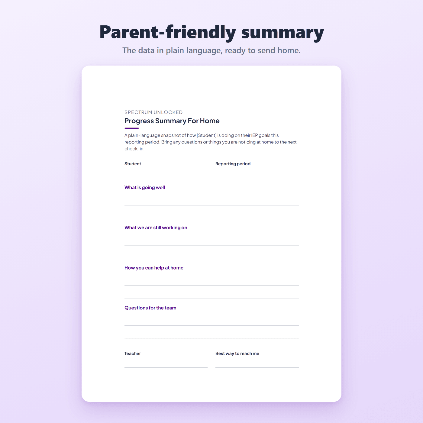 A parent-friendly IEP progress summary that puts the data in plain language to send home