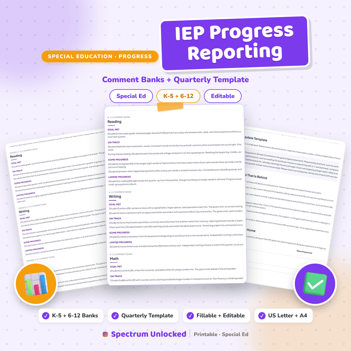IEP Progress Reporting cover, comment banks and a quarterly template for K-6 and 6-12, fillable and editable