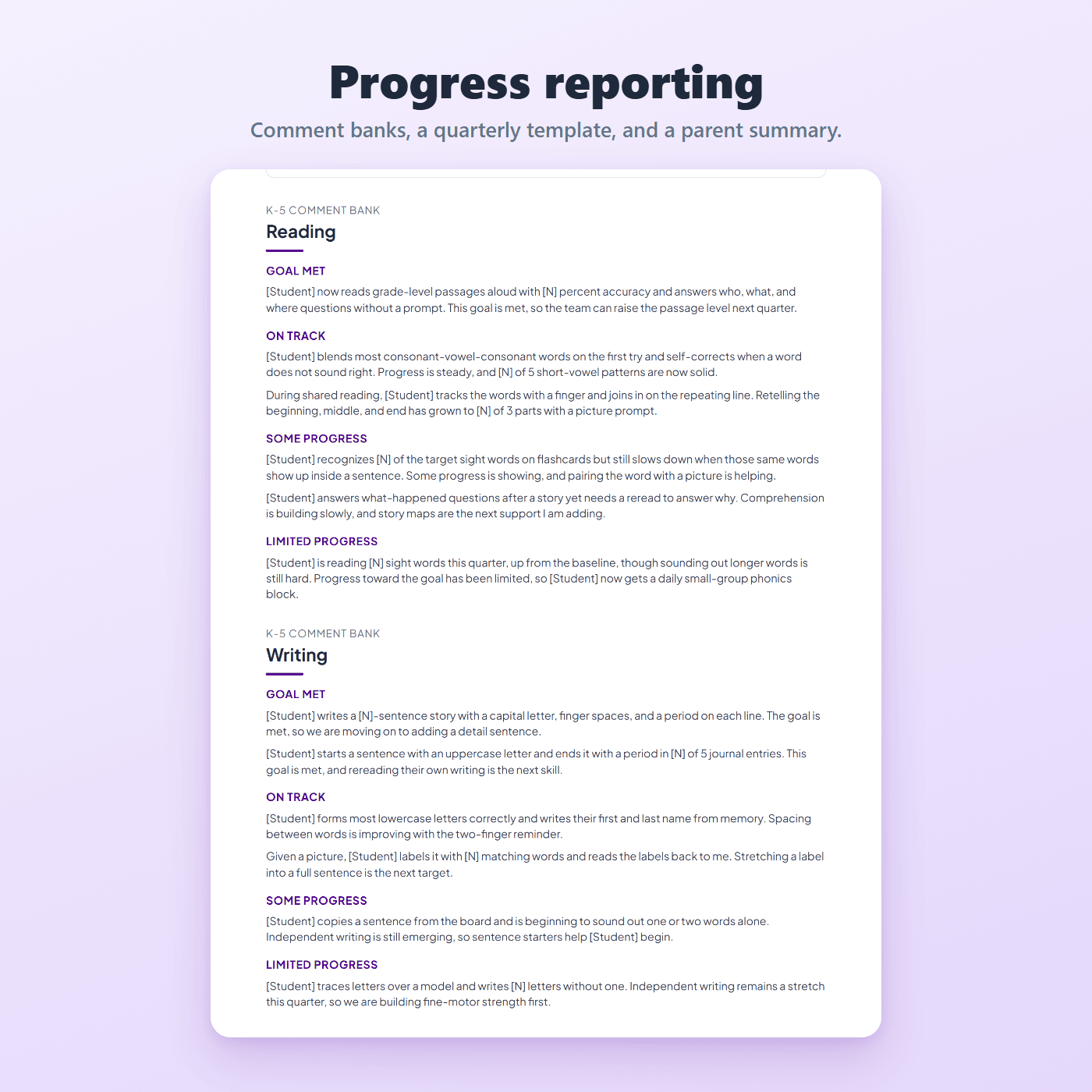 IEP progress reporting comment bank from the bundle, with comments organized by goal area and progress level