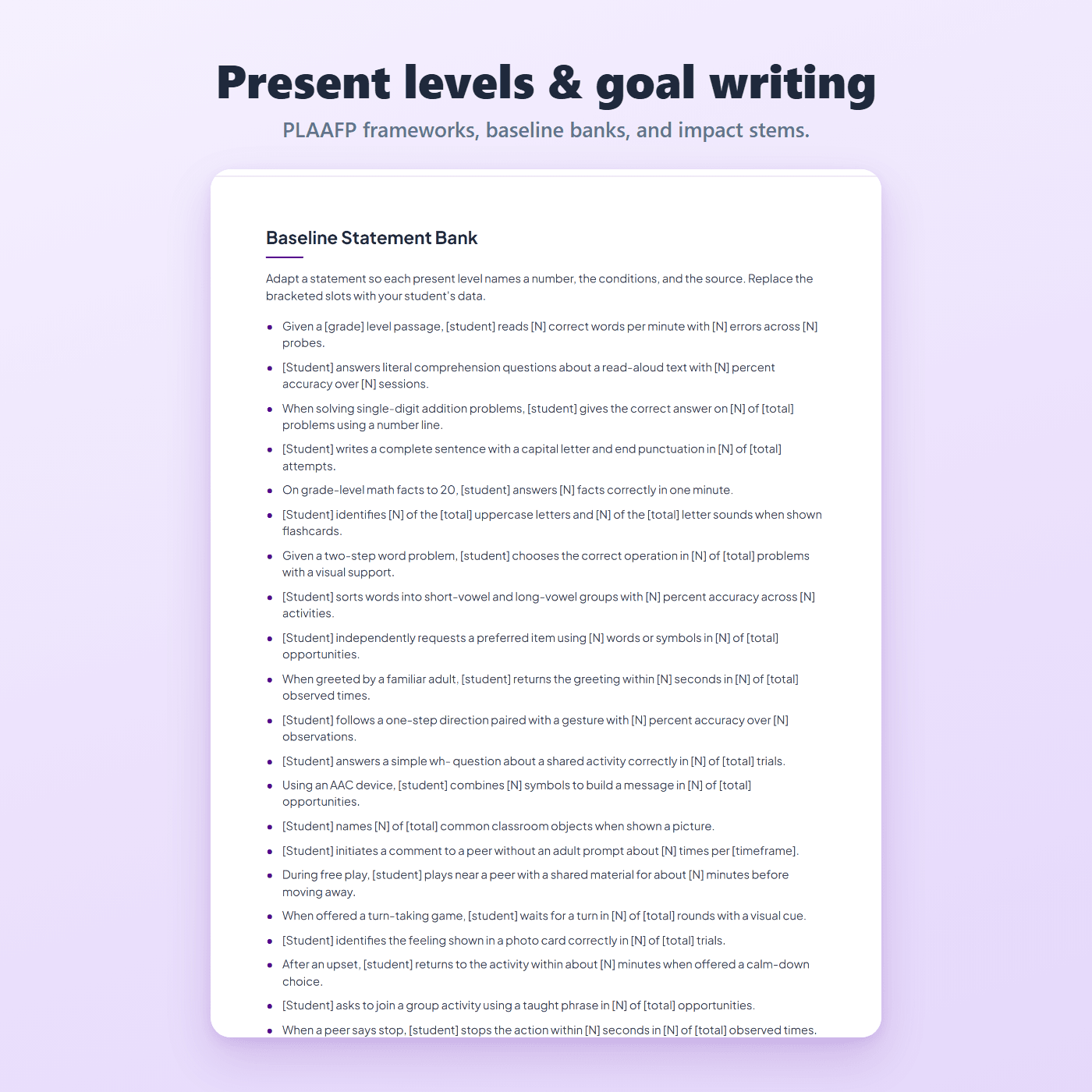 IEP present levels baseline statement bank from the bundle, with measurable present-level statements to adapt