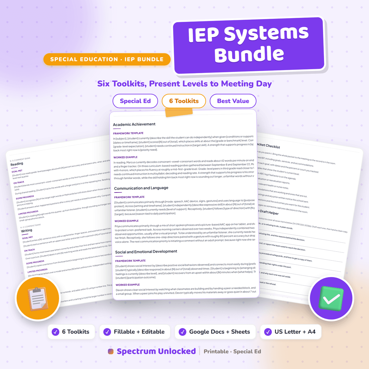 IEP Systems Bundle cover, six toolkits from present levels to meeting day, fillable and editable with Google Docs and Sheets