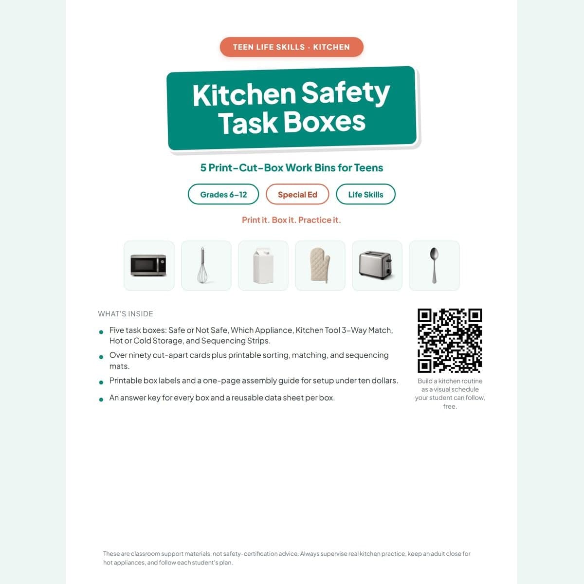 Kitchen Safety & Appliance Task Boxes cover showing the five print-cut-box kitchen task boxes for teens