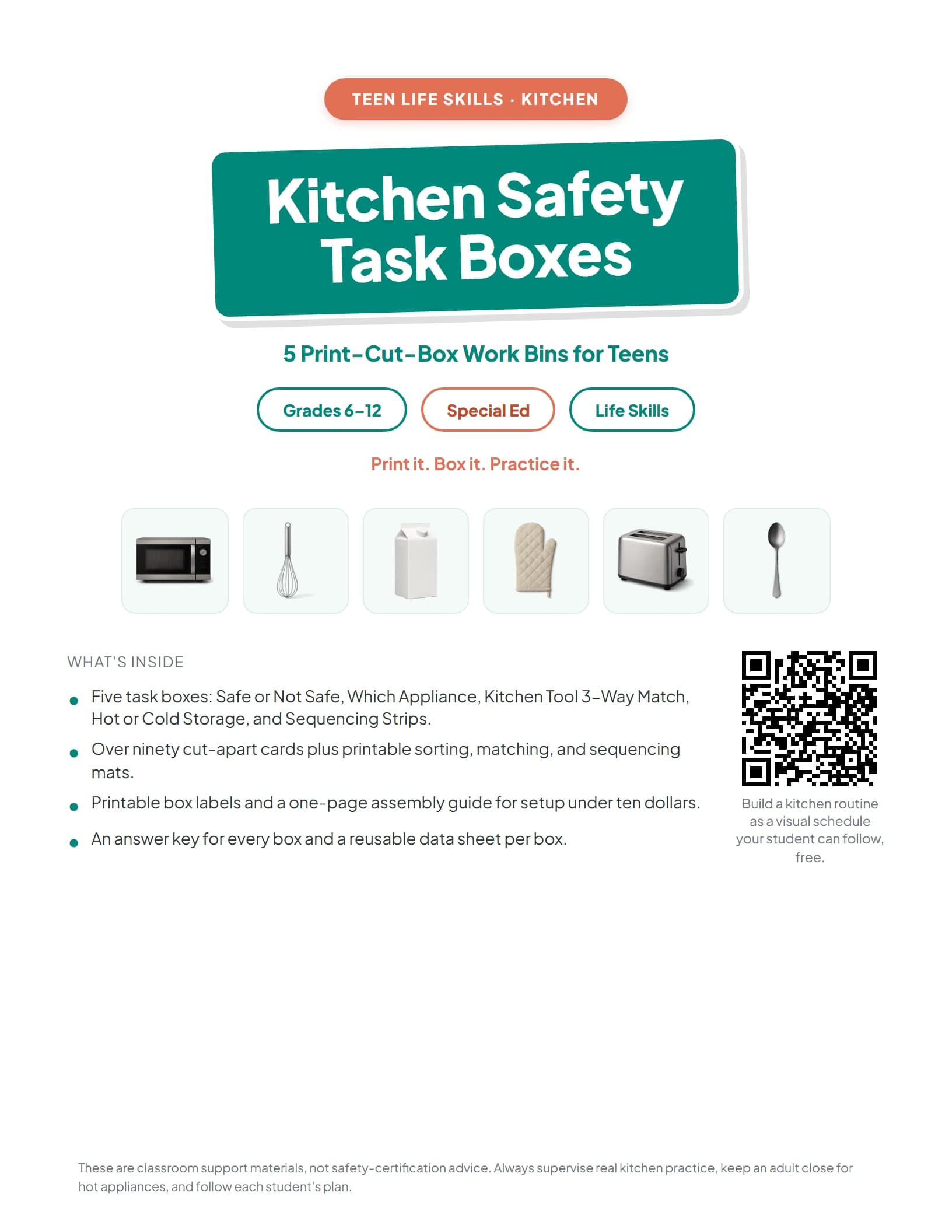 Kitchen Safety & Appliance Task Boxes cover showing the five print-cut-box kitchen task boxes for teens