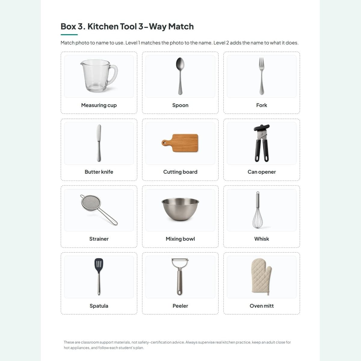 The Which Appliance task box matching food cards to microwave, toaster, oven, and other appliance mats