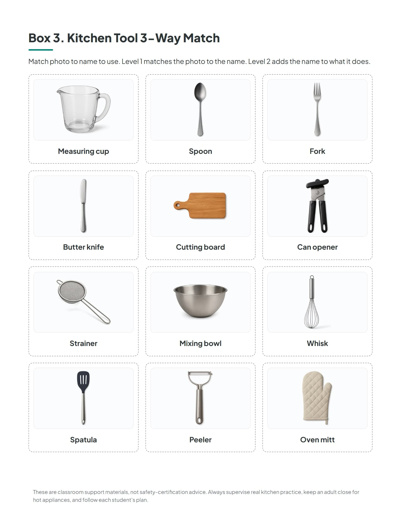 The Which Appliance task box matching food cards to microwave, toaster, oven, and other appliance mats