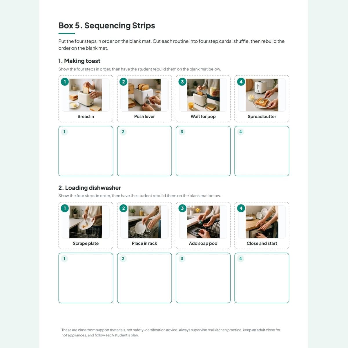 The Hot or Cold Storage task box sorting food cards onto Refrigerator, Freezer, and Pantry mats