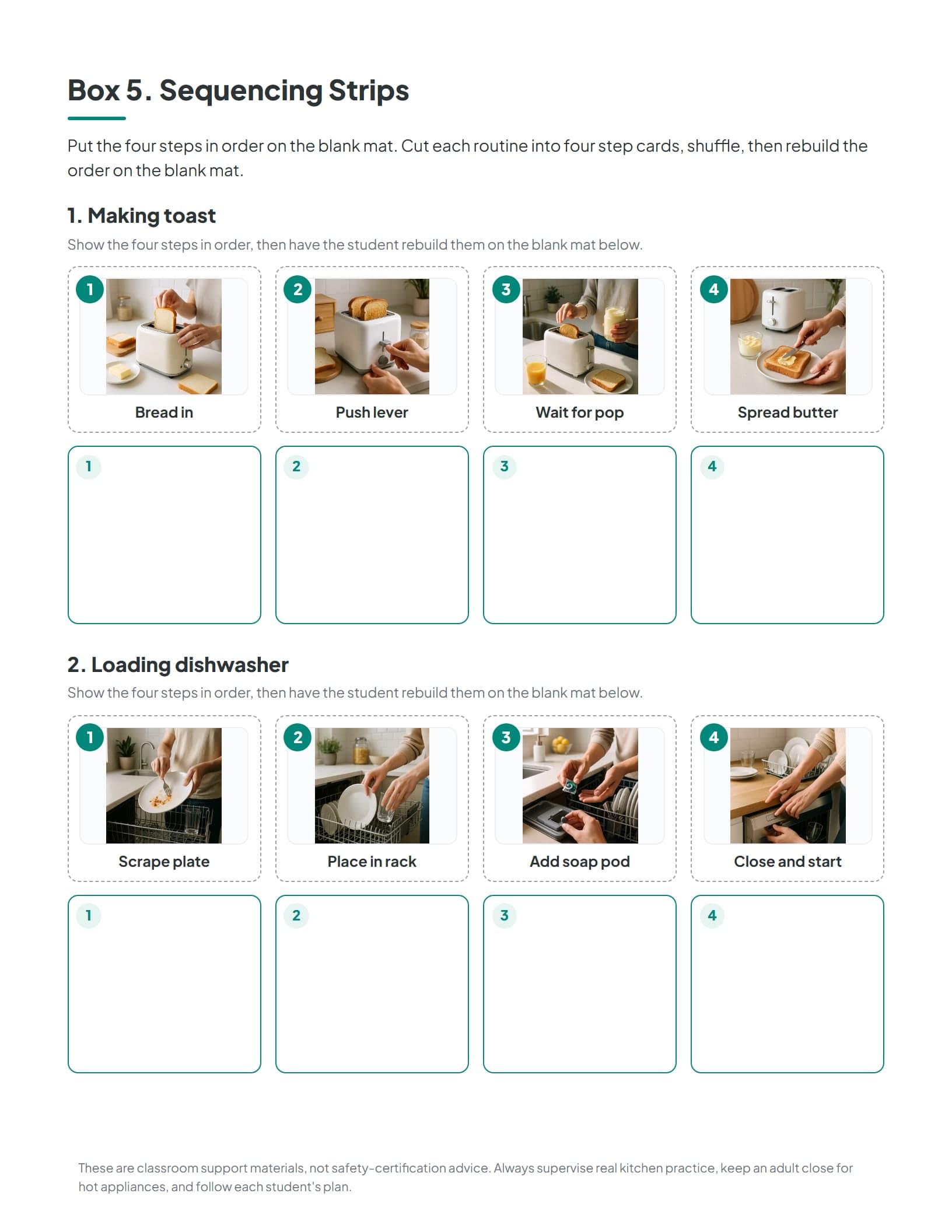 The Hot or Cold Storage task box sorting food cards onto Refrigerator, Freezer, and Pantry mats