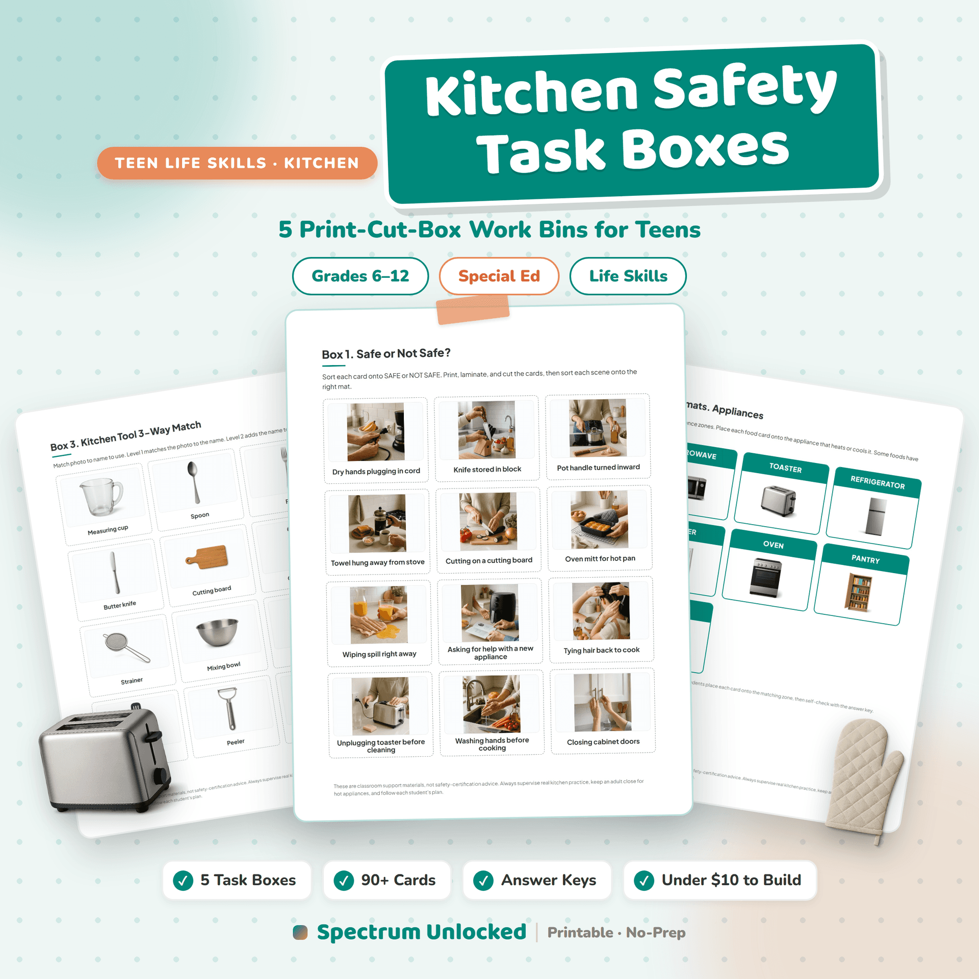 Kitchen Safety Task Boxes cover, five print, cut and box work bins for teens, with over ninety cards and answer keys