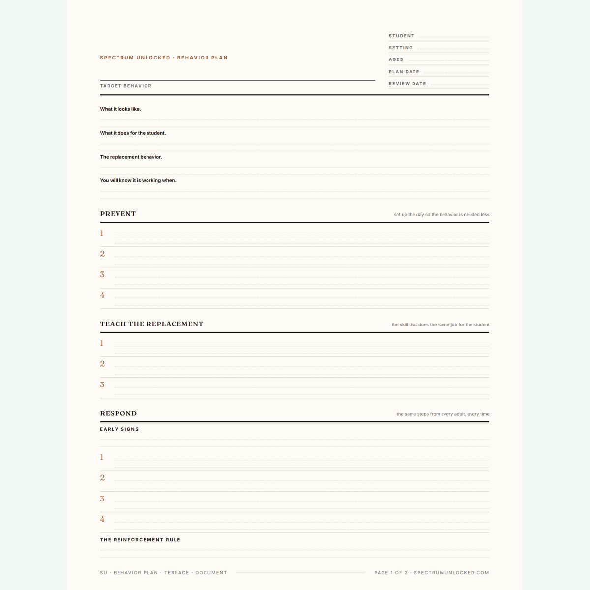 Behavior intervention plan template showing the prevent, teach and respond sections with a quick log