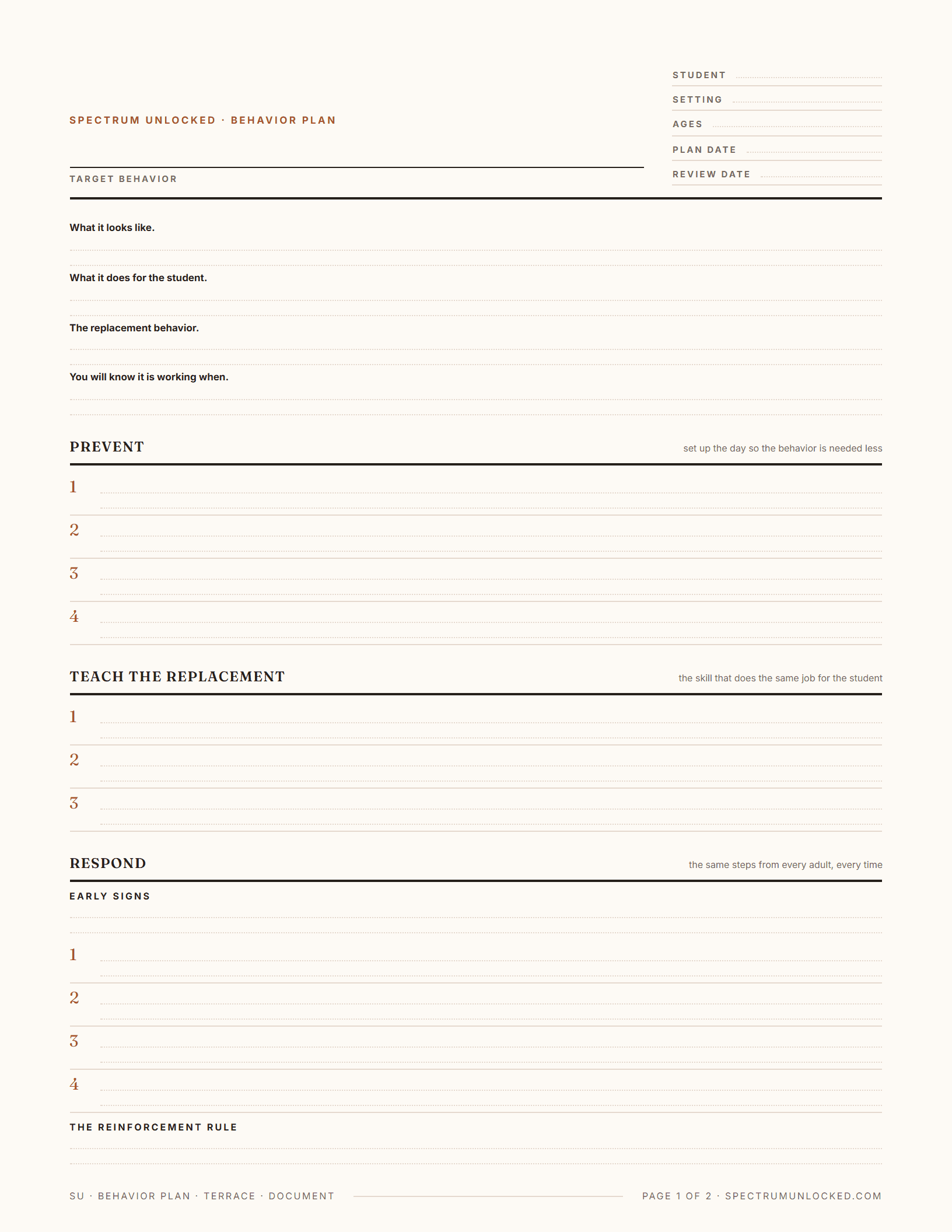 Behavior intervention plan template showing the prevent, teach and respond sections with a quick log