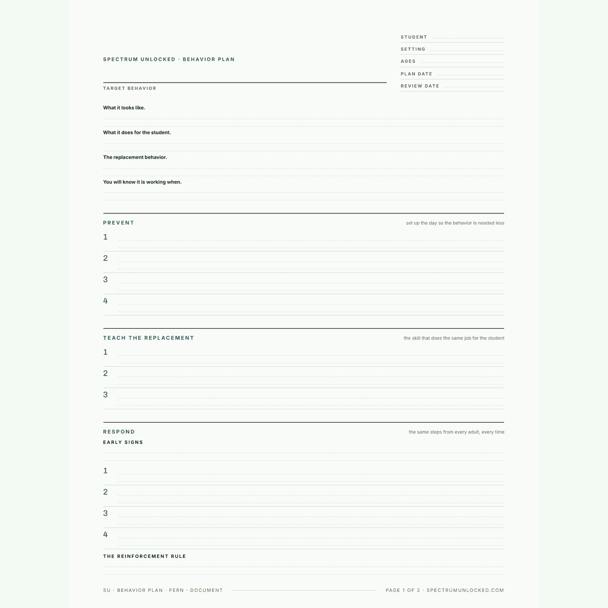 The same behaviour plan template in another of the five designs, with the prevent and teach lists numbered