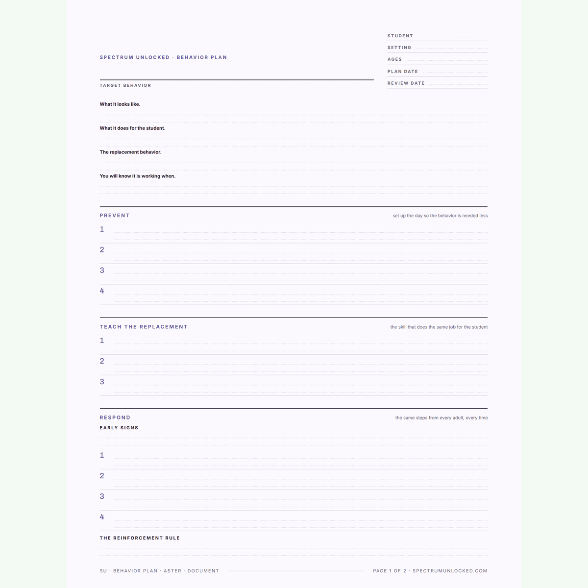 The behaviour plan template in a third design, showing the respond steps and the reinforcement rule