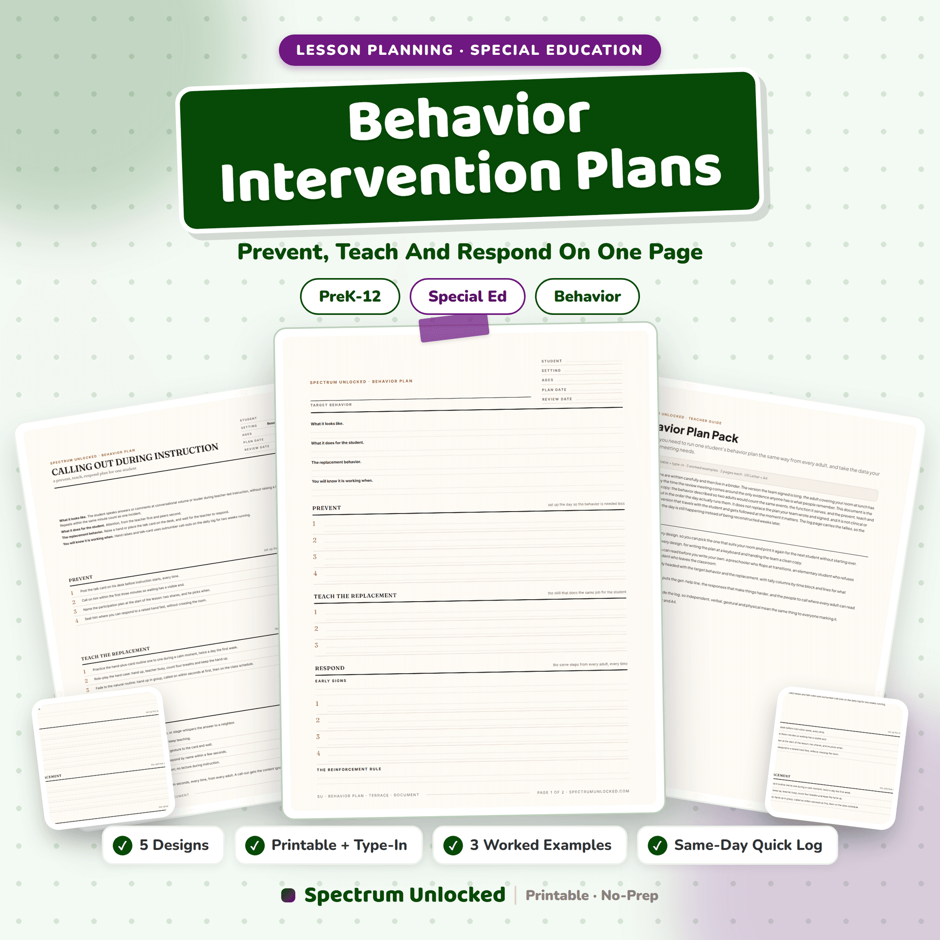 Behavior Intervention Plans pack cover, prevent, teach and respond on one page, in five designs with a same-day quick log