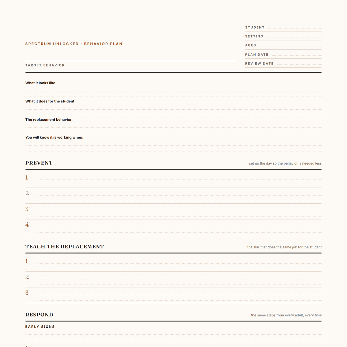 Free behavior intervention plan template cover showing the printable page