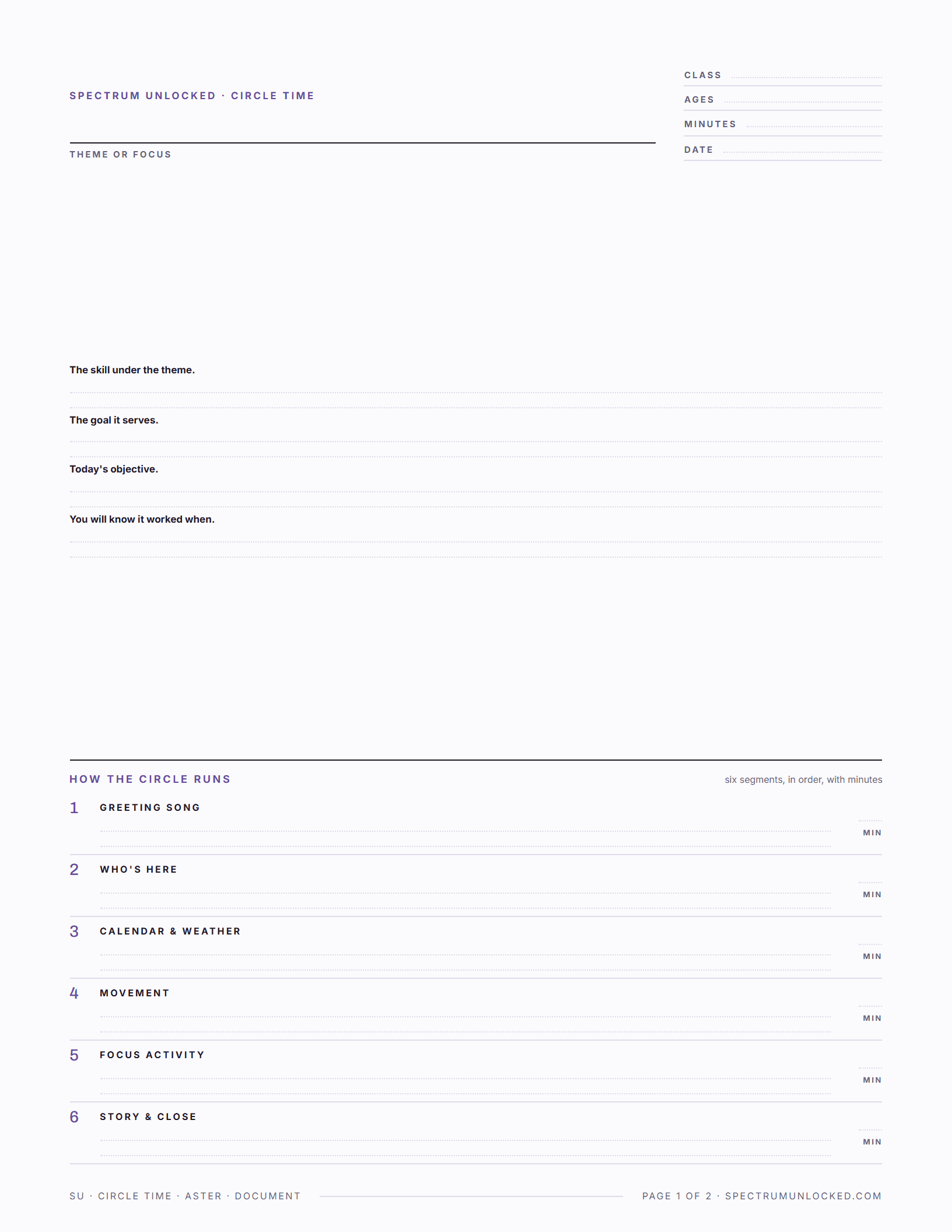 What is included in the full Circle Time Lesson Plan Template Pack