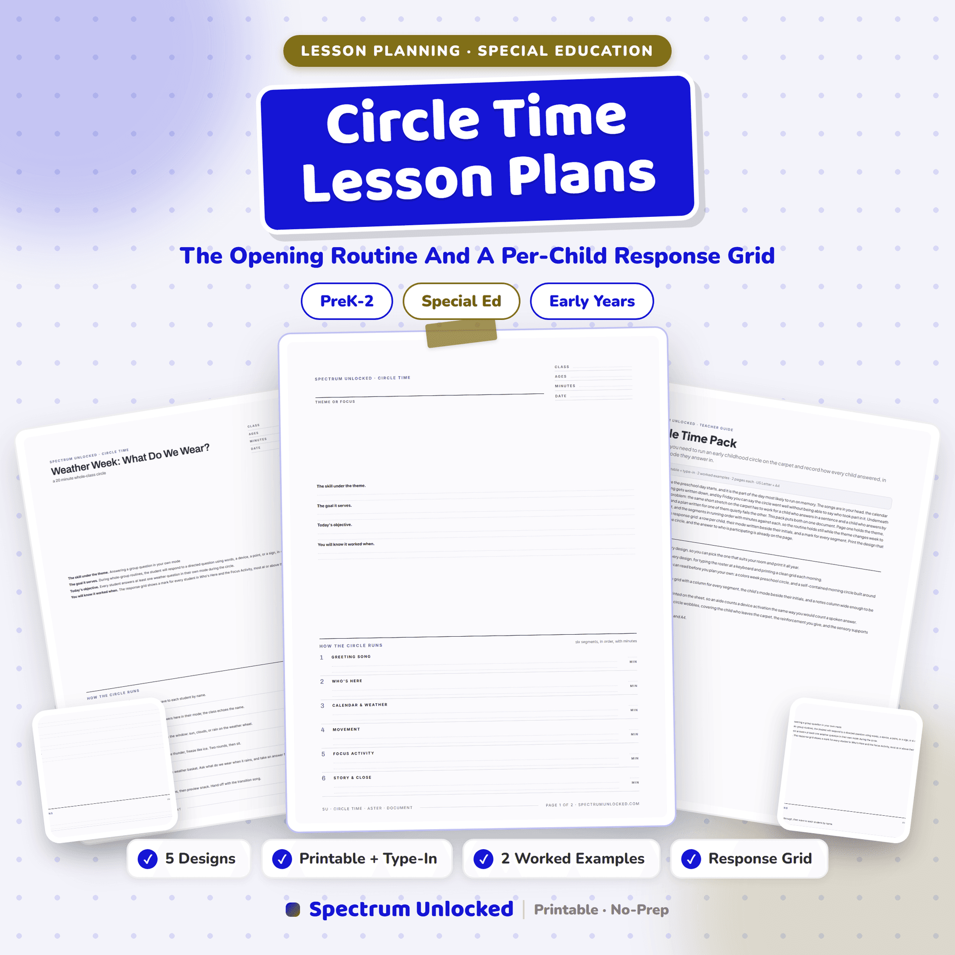 Circle Time Lesson Plans pack cover, the opening routine and a per-child response grid, in five designs with two worked examples