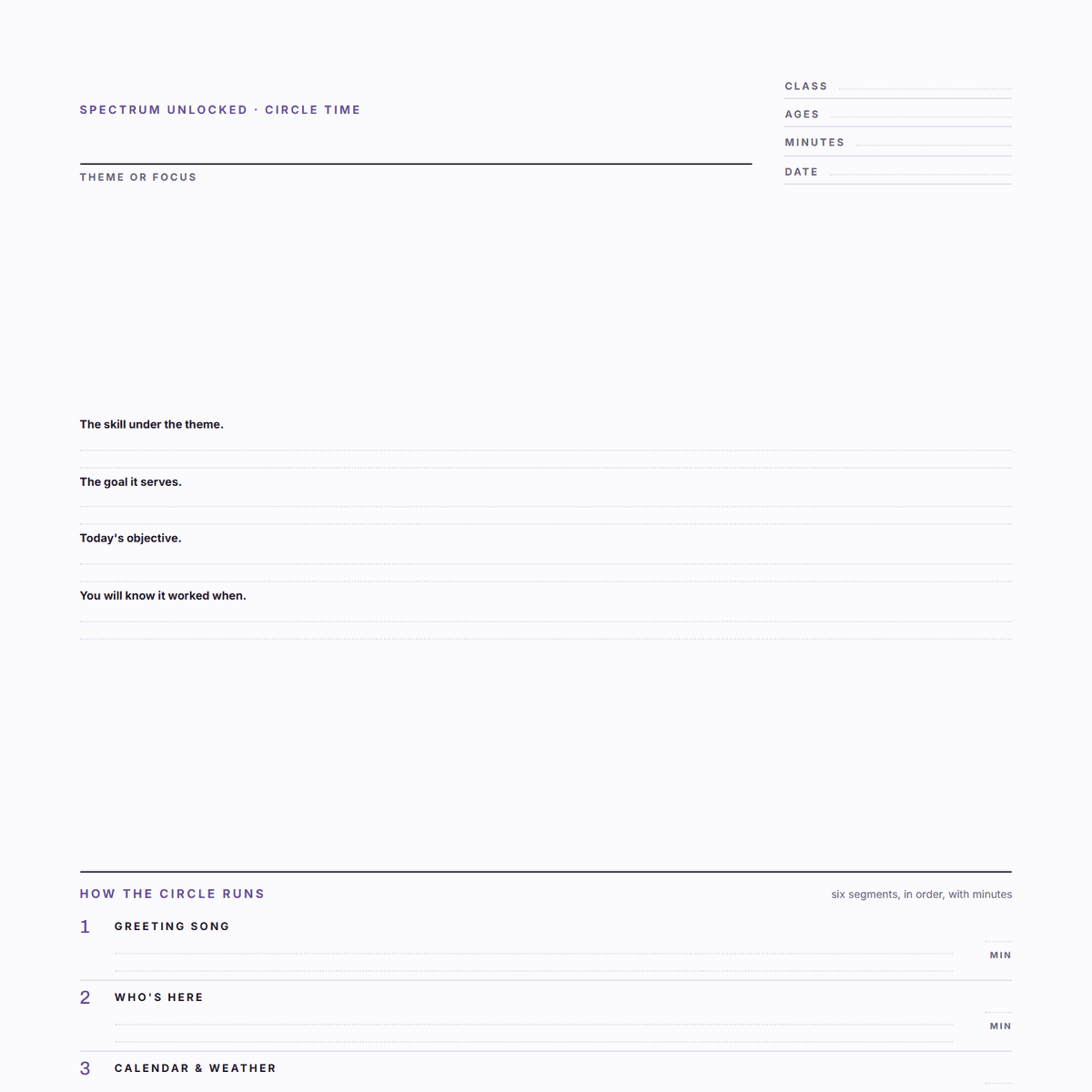 Free circle time lesson plan template cover showing the printable page