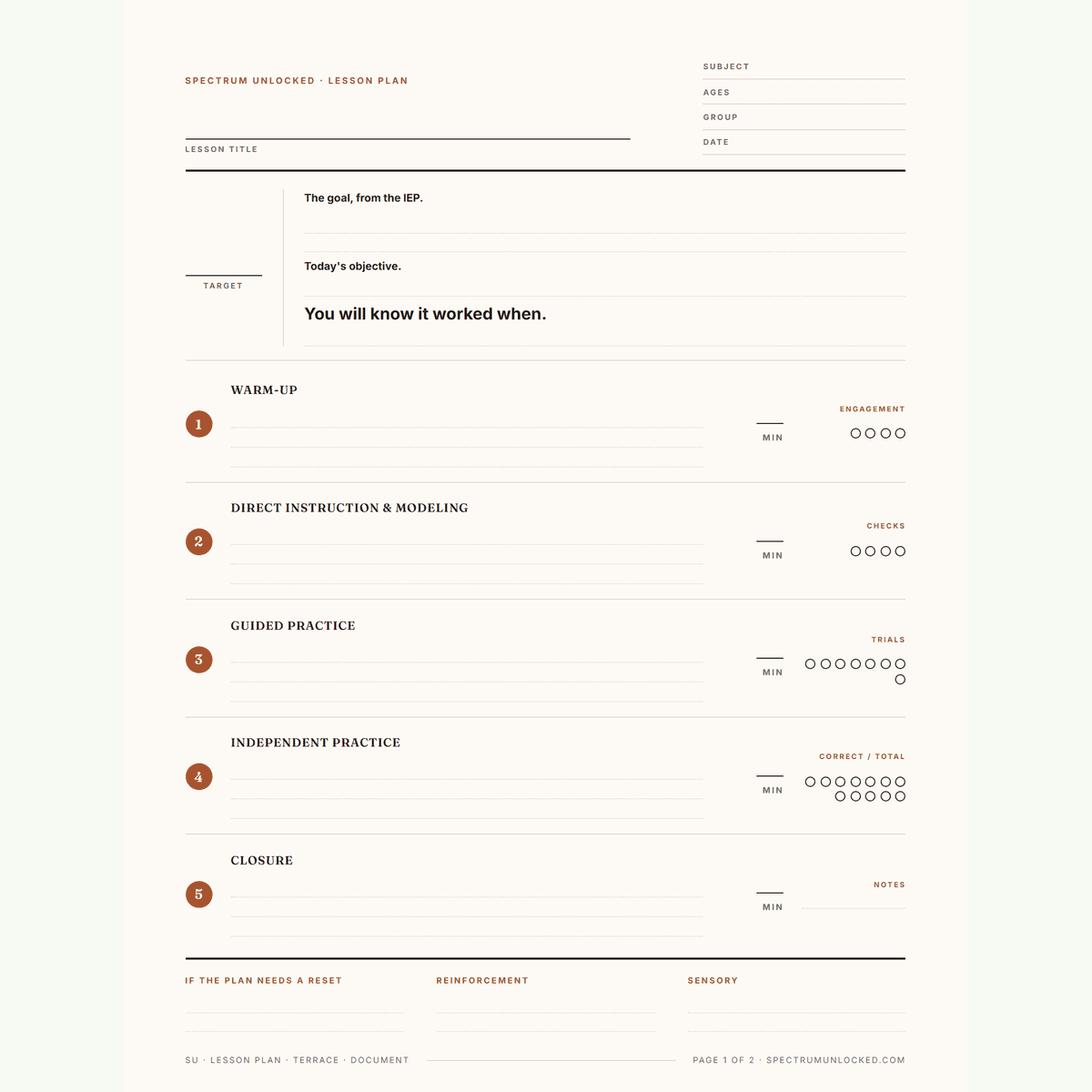 The lesson plan template in a third design, showing the warm-up to closure sequence and the reinforcement row