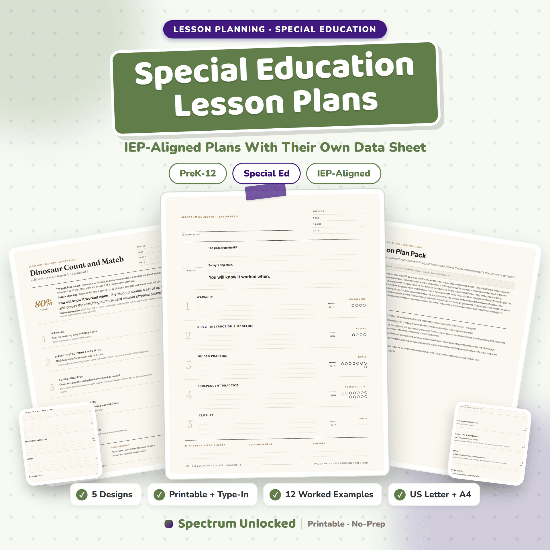 Special Education Lesson Plans pack cover, IEP-aligned plans with their own data sheet, in five designs with eleven worked examples