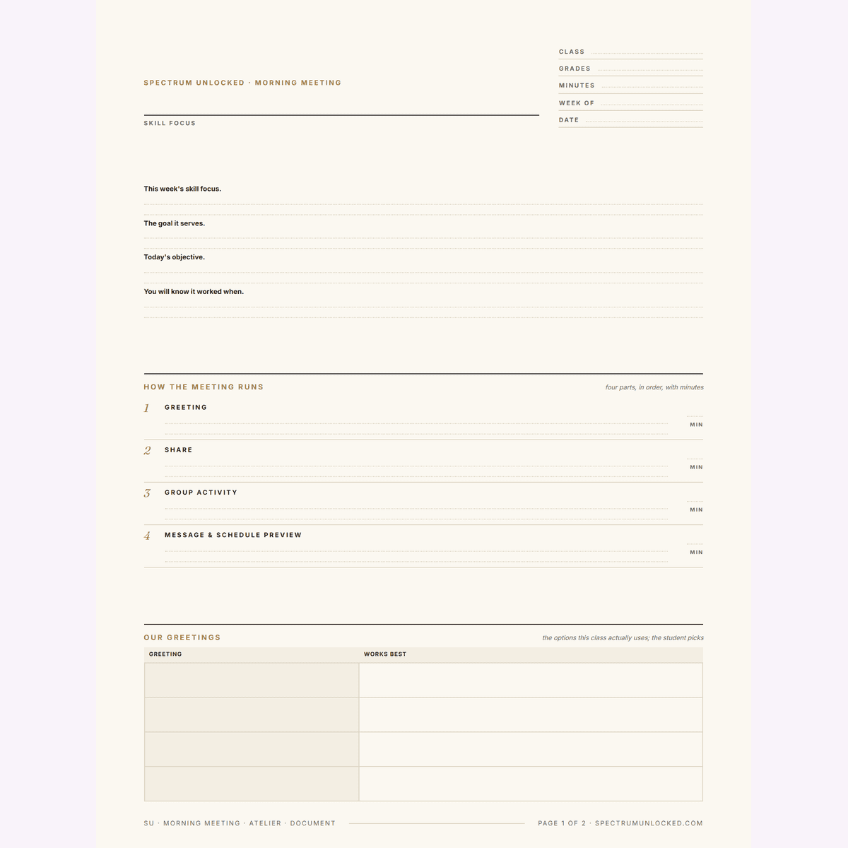 What is included in the full Morning Meeting Template Pack