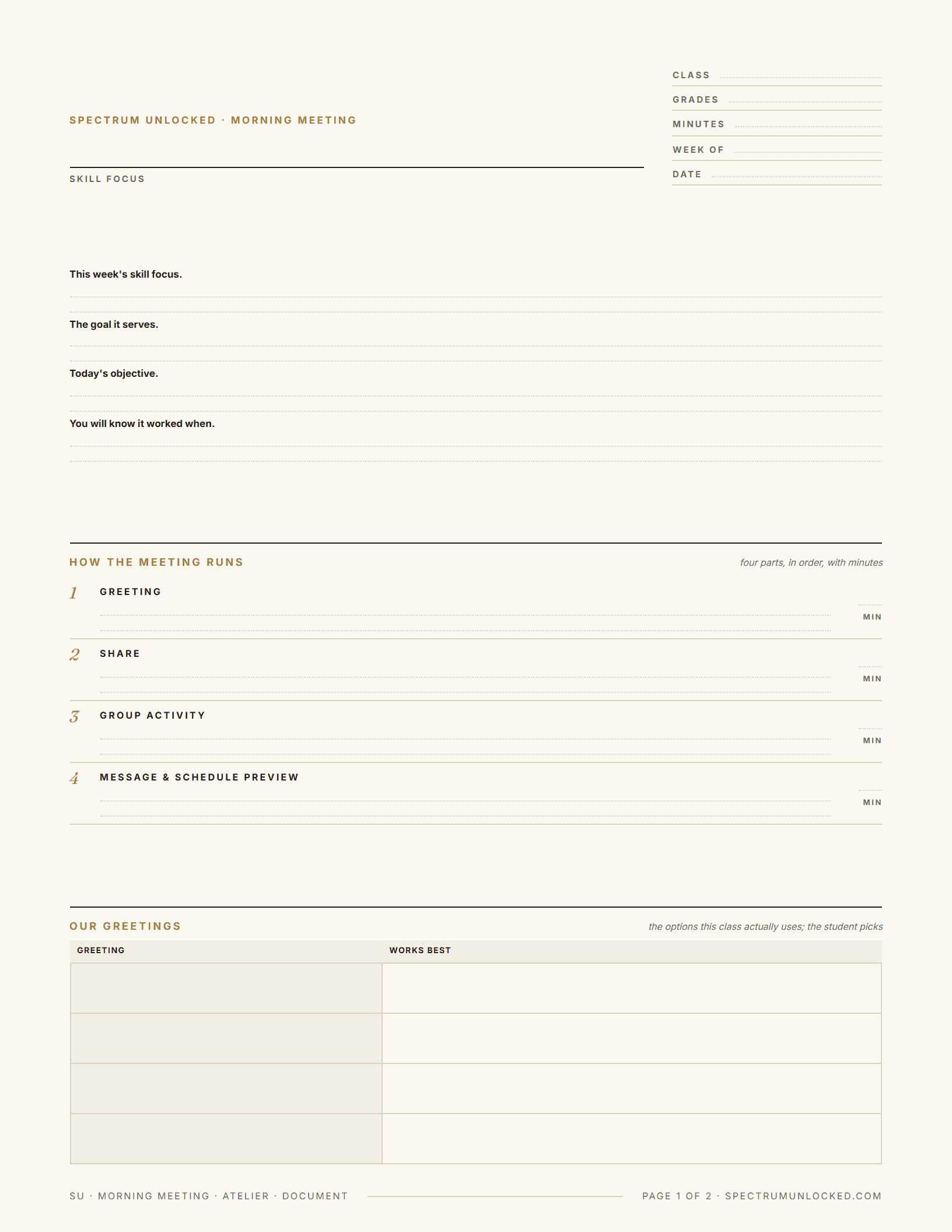 What is included in the full Morning Meeting Template Pack
