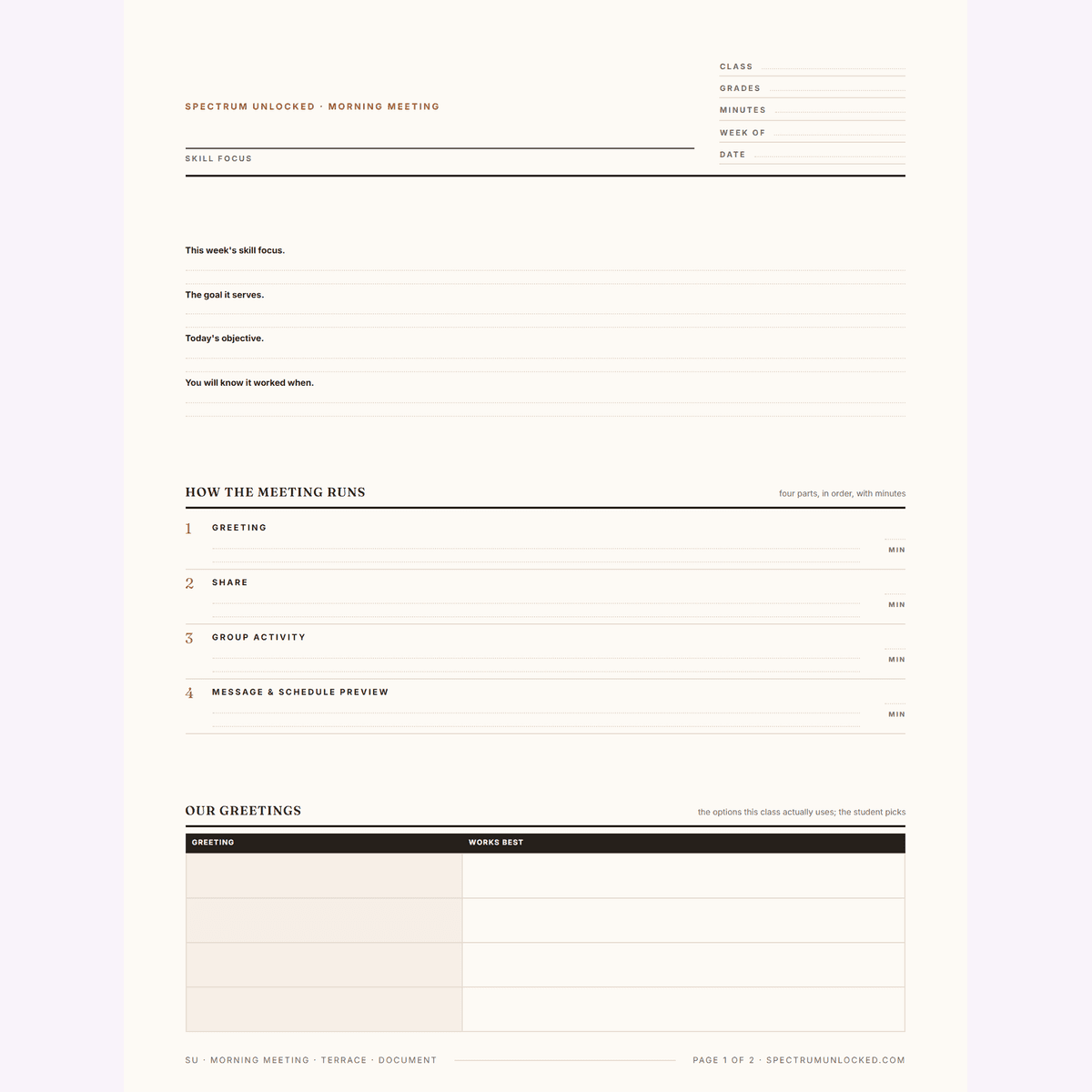 The morning meeting template in a third design, with the meeting sequence and the our greetings table