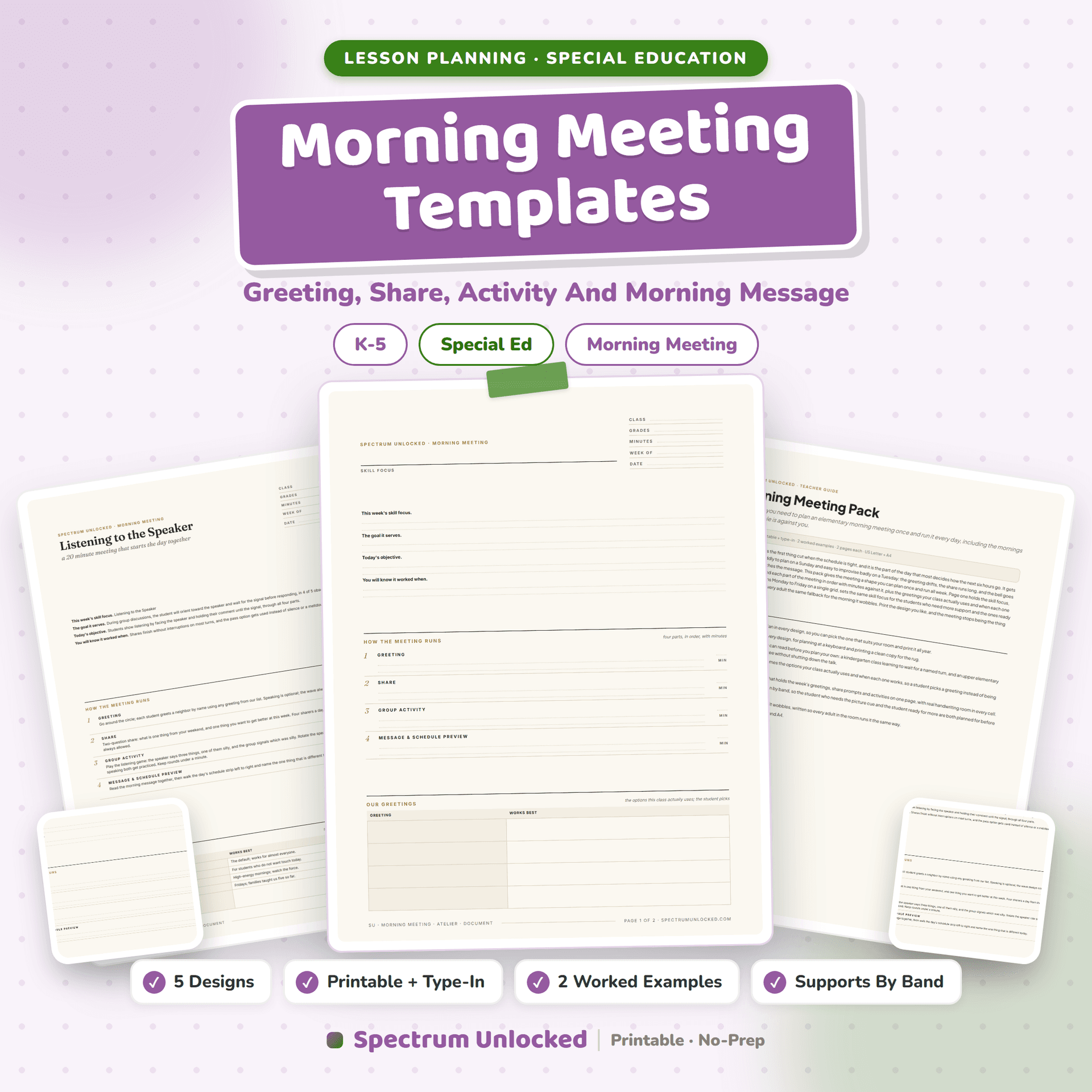 Morning Meeting Templates pack cover, greeting, share, activity and morning message, in five designs with supports by band