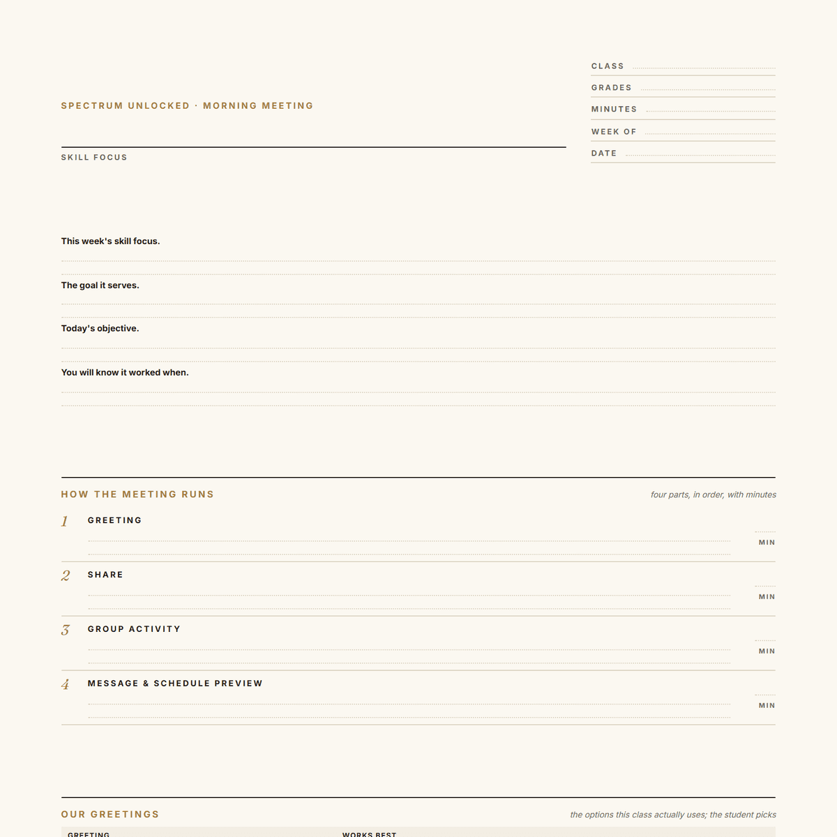 Free morning meeting template cover showing the printable page