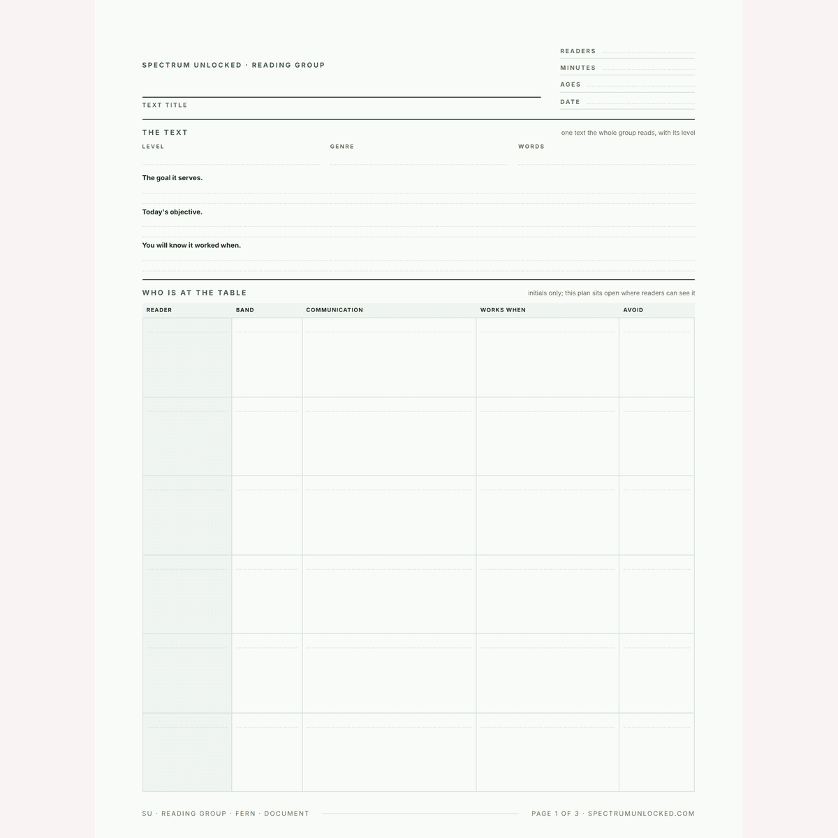 The same guided reading template in another of the five designs, showing the who is at the table grid