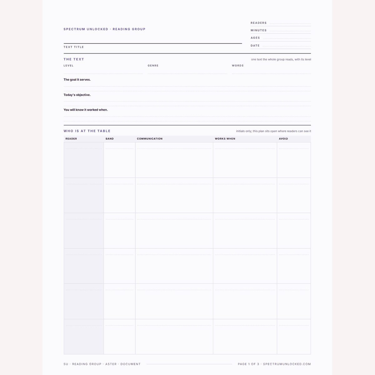 The guided reading template in a third design, with the book introduction through word work sequence