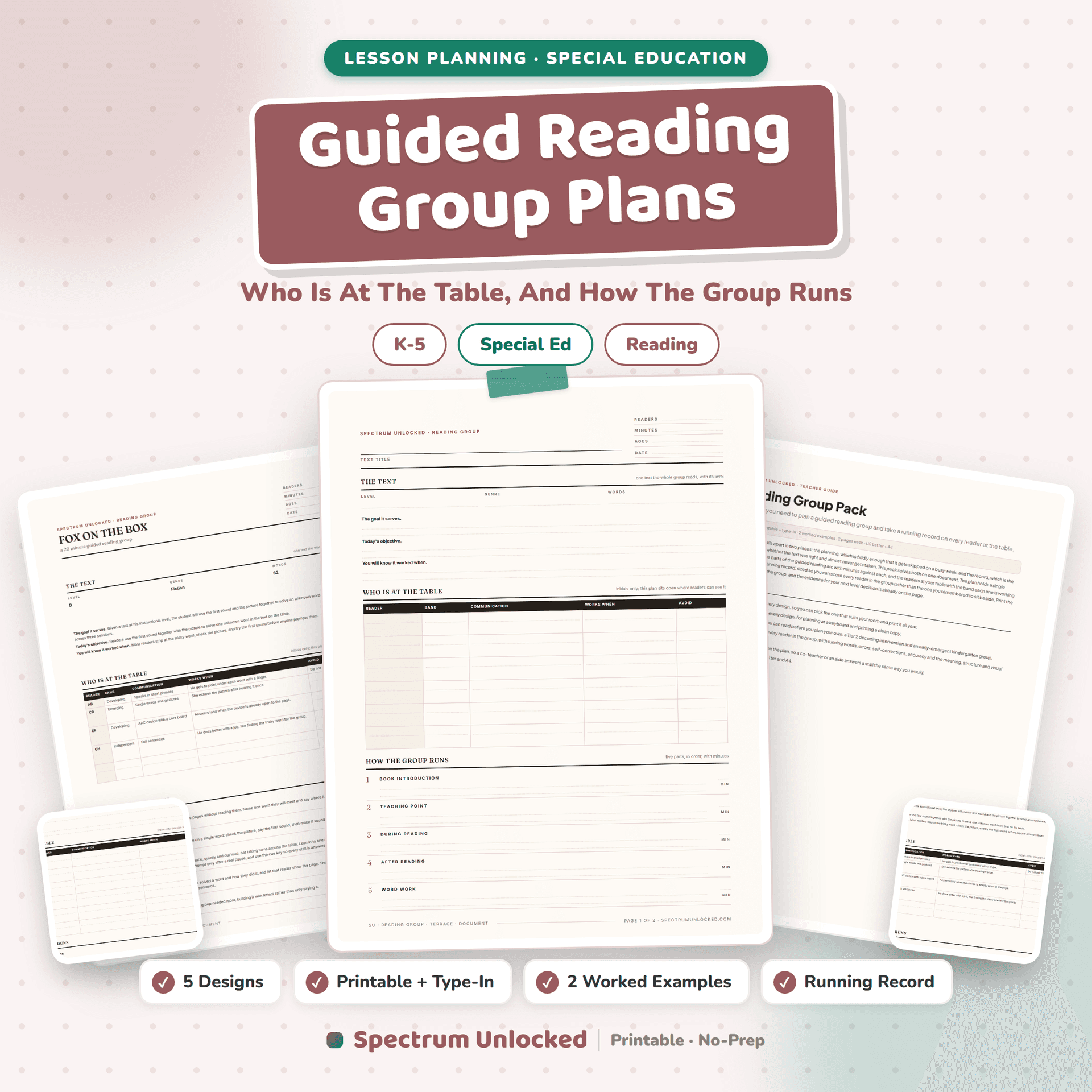 Guided Reading Group Plans pack cover, who is at the table and how the group runs, in five designs with a running record