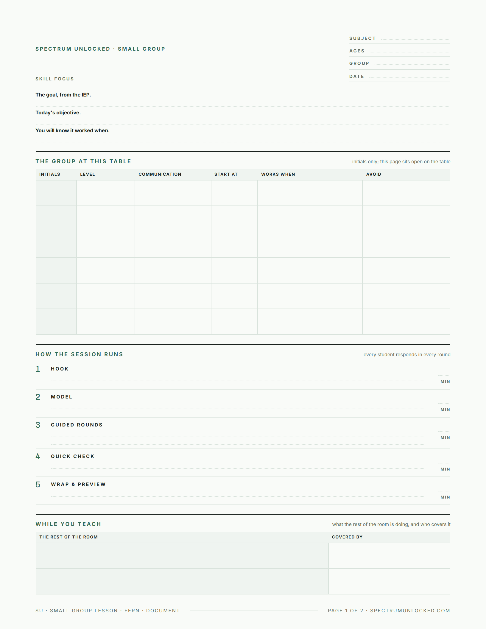 What is included in the full Small Group Lesson Plan Template Pack