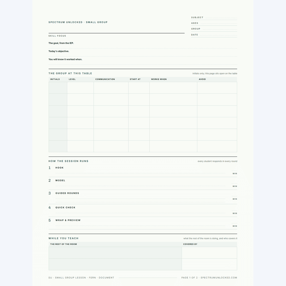 What is included in the full Small Group Lesson Plan Template Pack