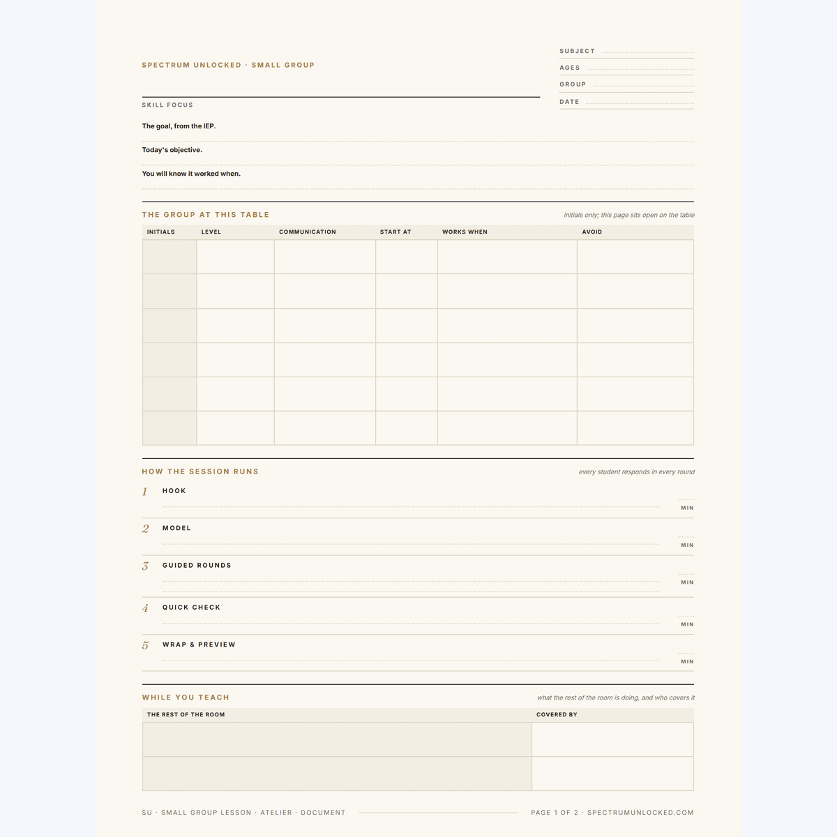 The small group template in a third design, with the session sequence and the while you teach block