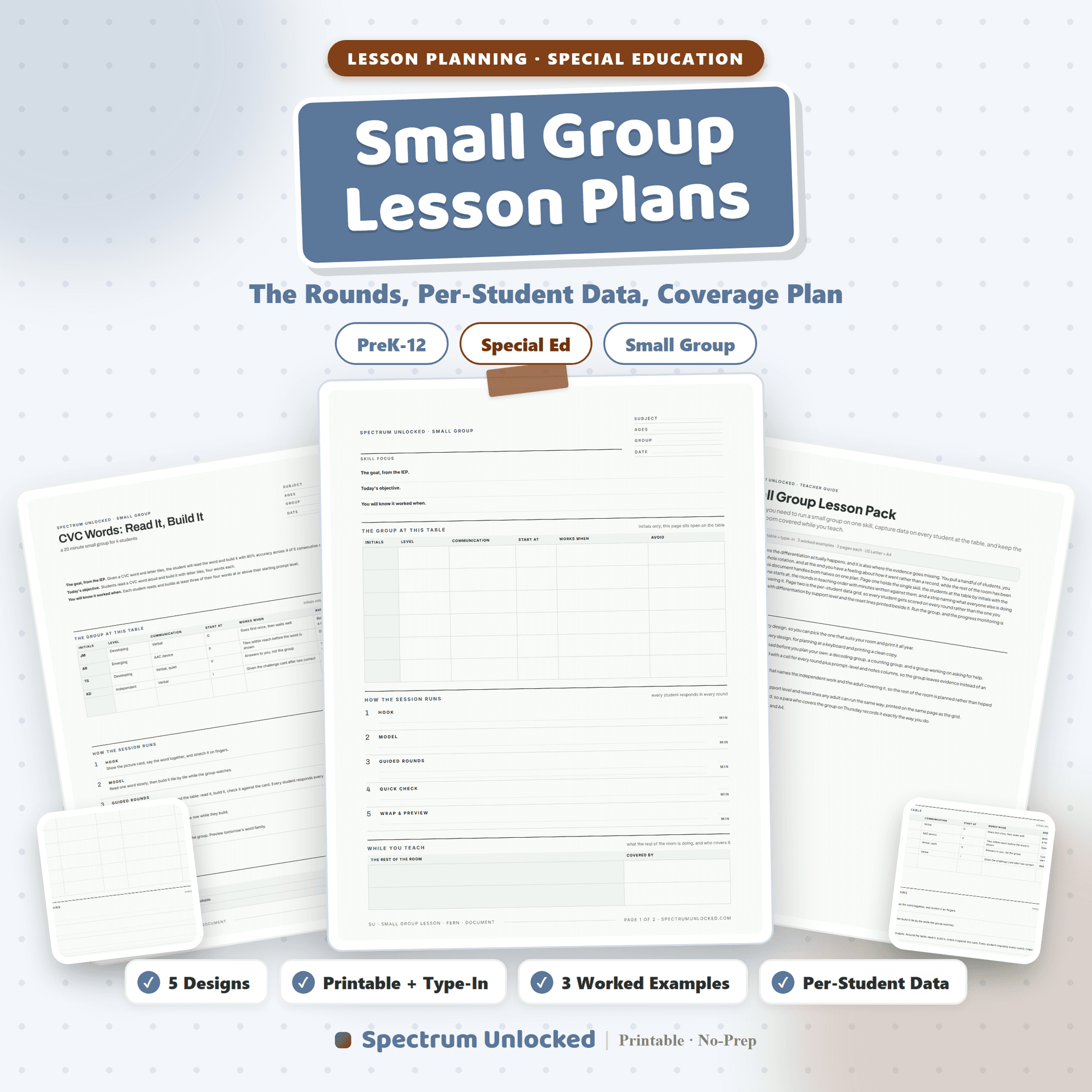 Small Group Lesson Plans pack cover, the rounds, per-student data and a coverage plan, in five designs with three worked examples