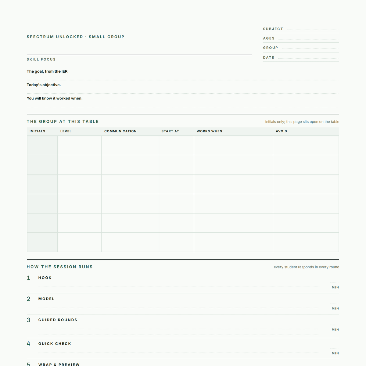 Free small group lesson plan template cover showing the printable page