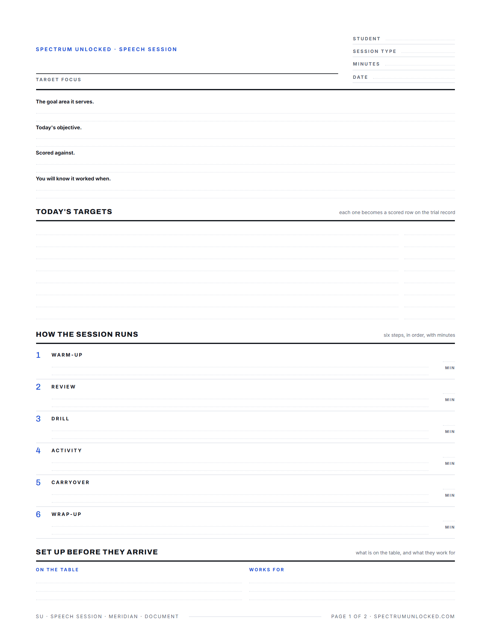 Speech therapy session plan template showing the goal, targets, activities and the trial record with a prompt-level key