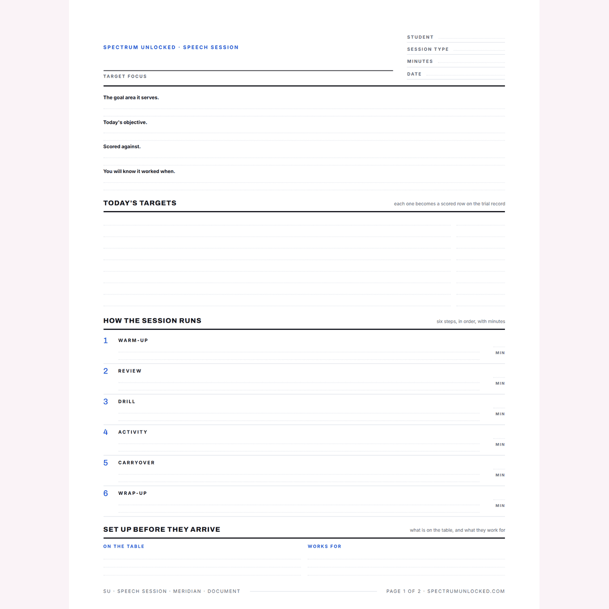 Speech therapy session plan template showing the goal, targets, activities and the trial record with a prompt-level key