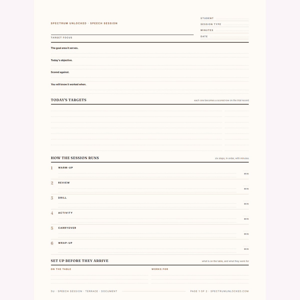 The same speech session template in another of the five designs, showing the warm-up to wrap-up sequence