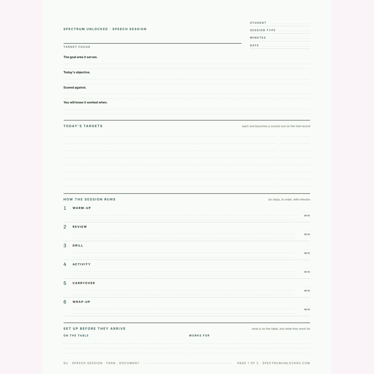The speech session template in a third design, with the set up before they arrive block