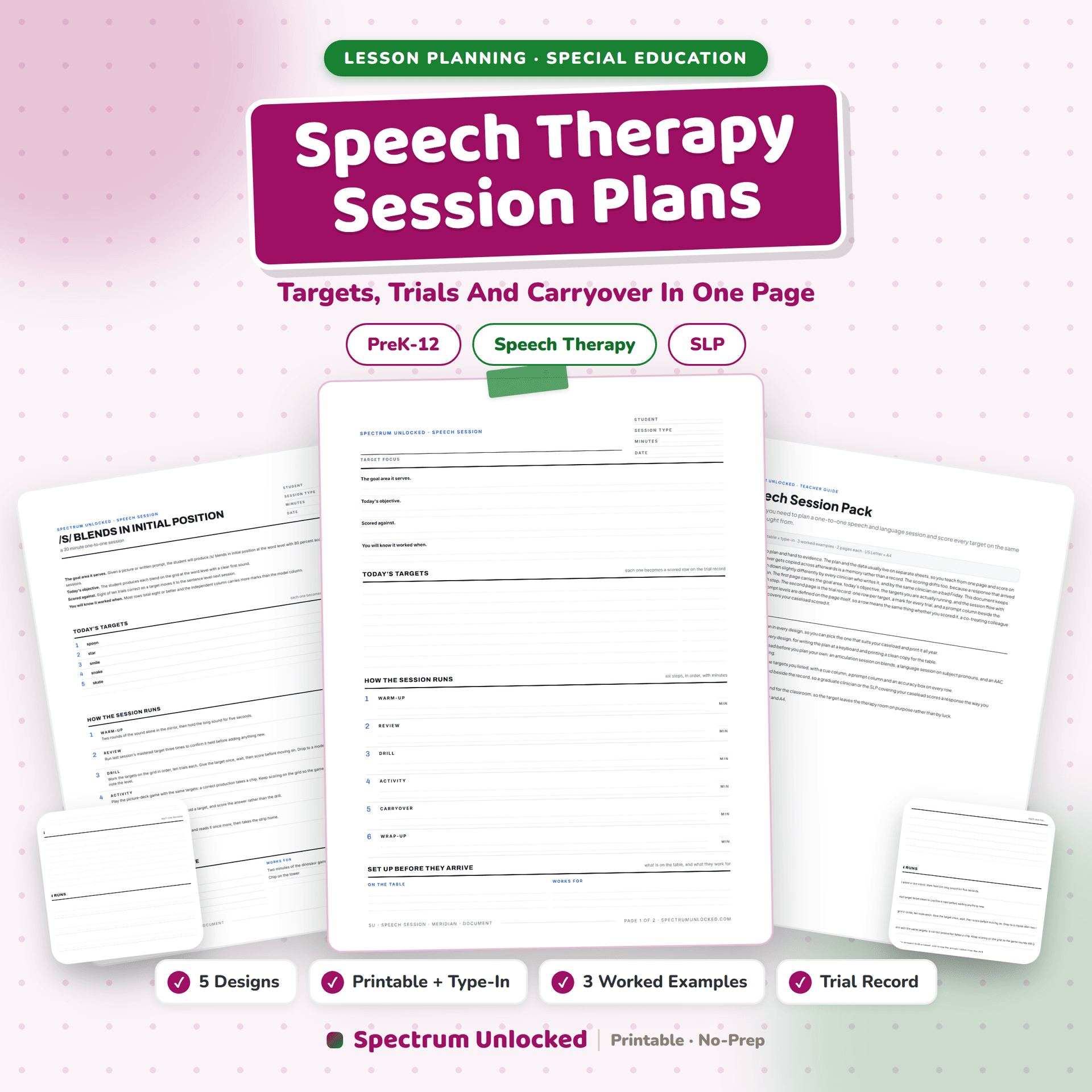 Speech Therapy Session Plans pack cover, targets, trials and carryover on one page, in five designs with a trial record