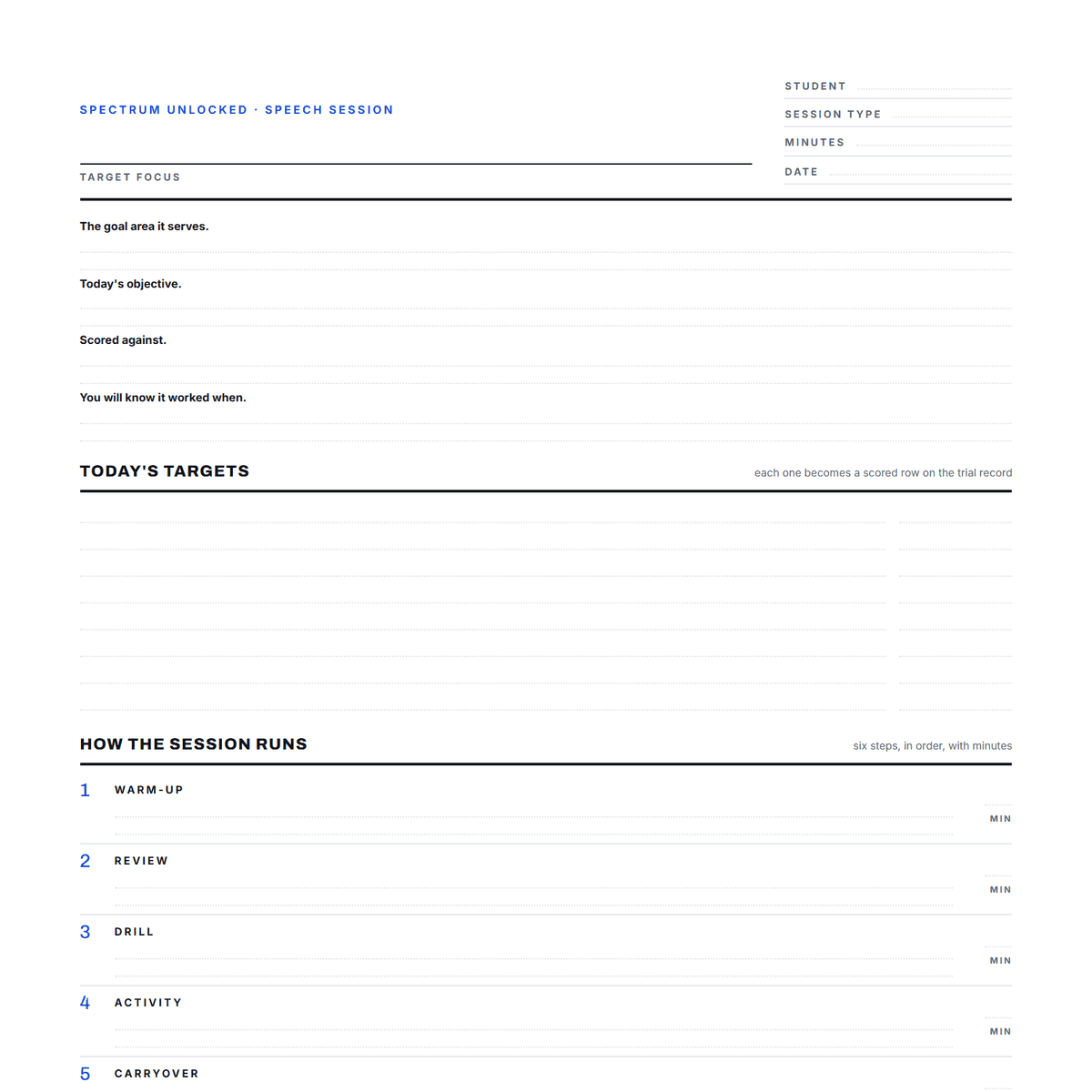 Free speech therapy session plan template cover showing the printable page
