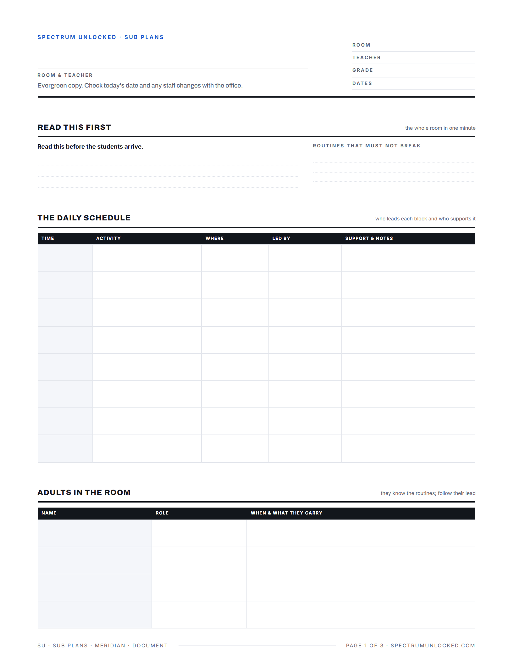 Special education sub plans template showing the day in blocks, students at a glance and the behavior safety net