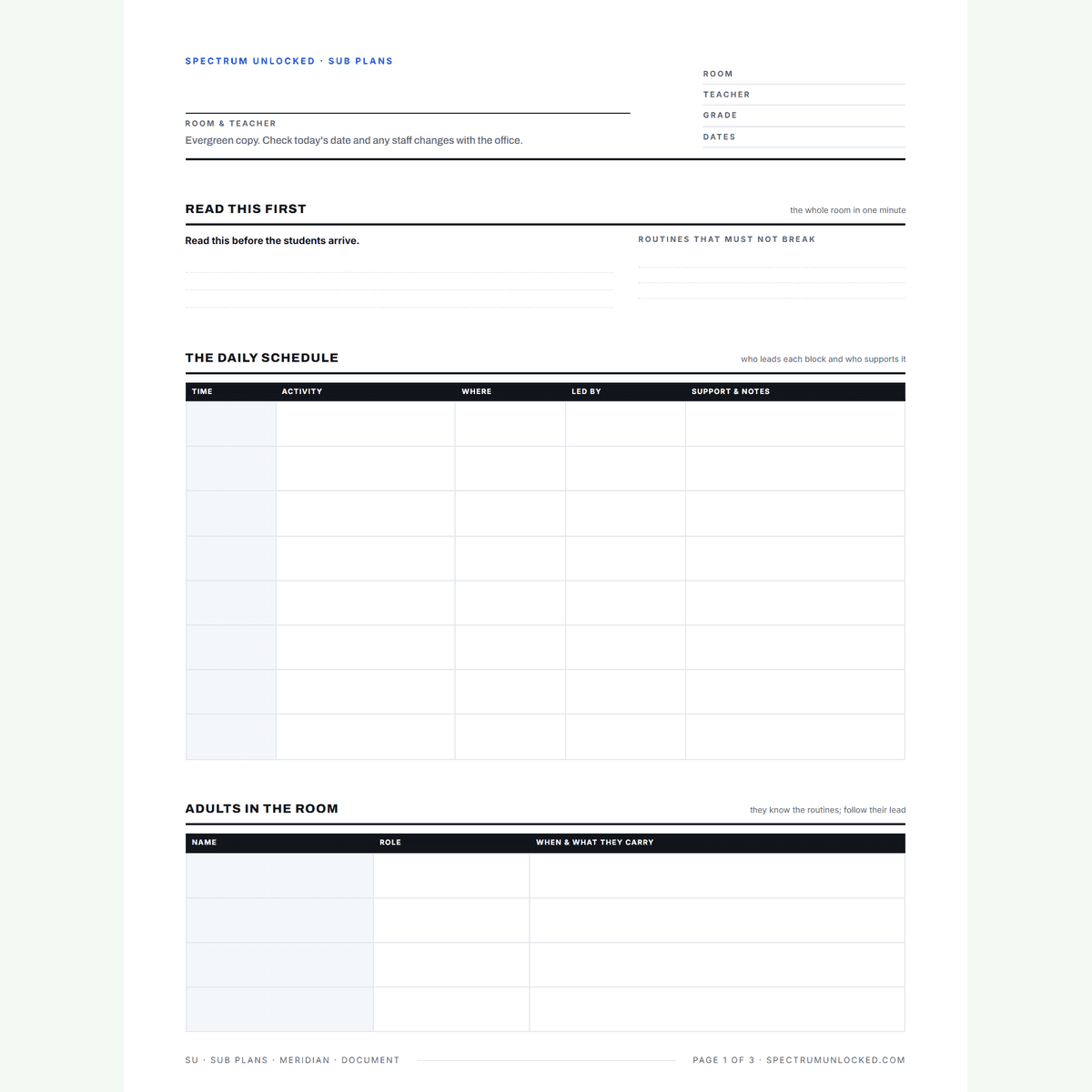 Special education sub plans template showing the day in blocks, students at a glance and the behavior safety net