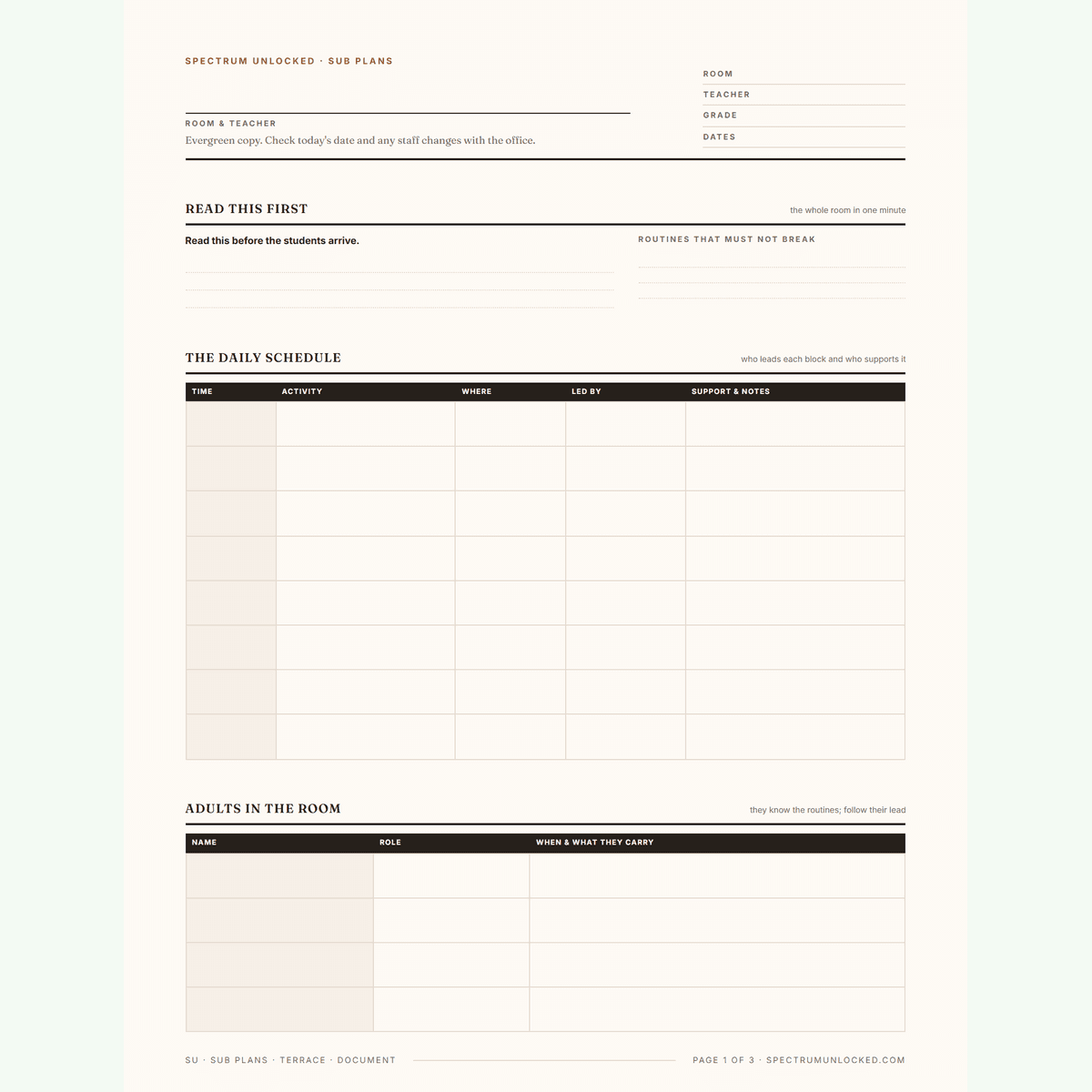 The same sub plans template in another of the five designs, showing the daily schedule grid