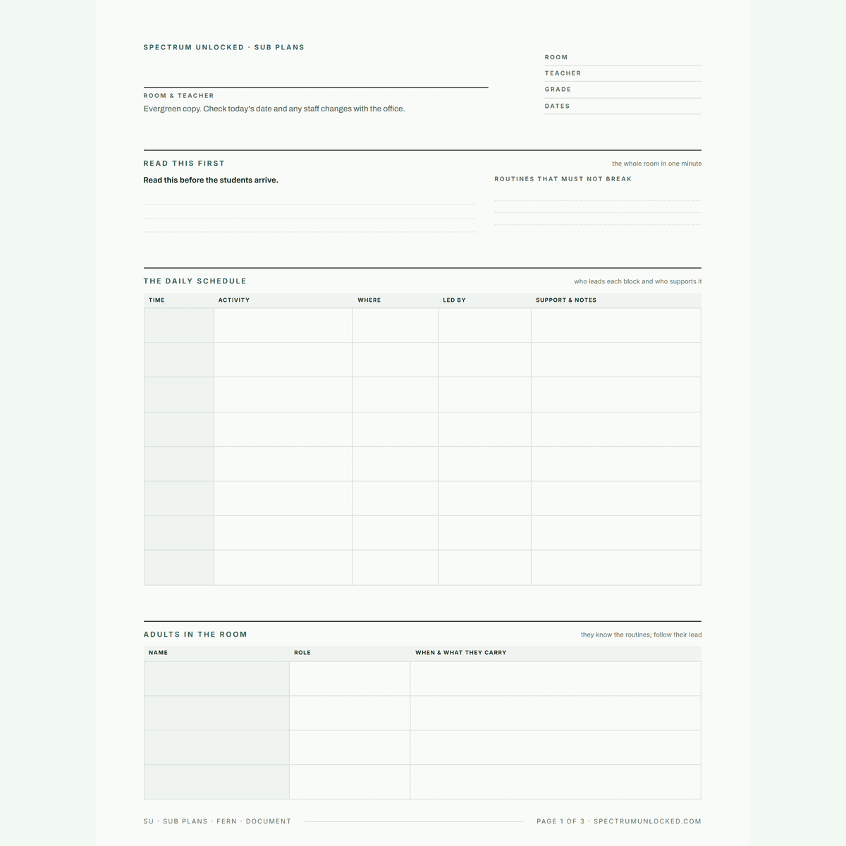 The sub plans template in a third design, with the read this first block and the adults in the room table