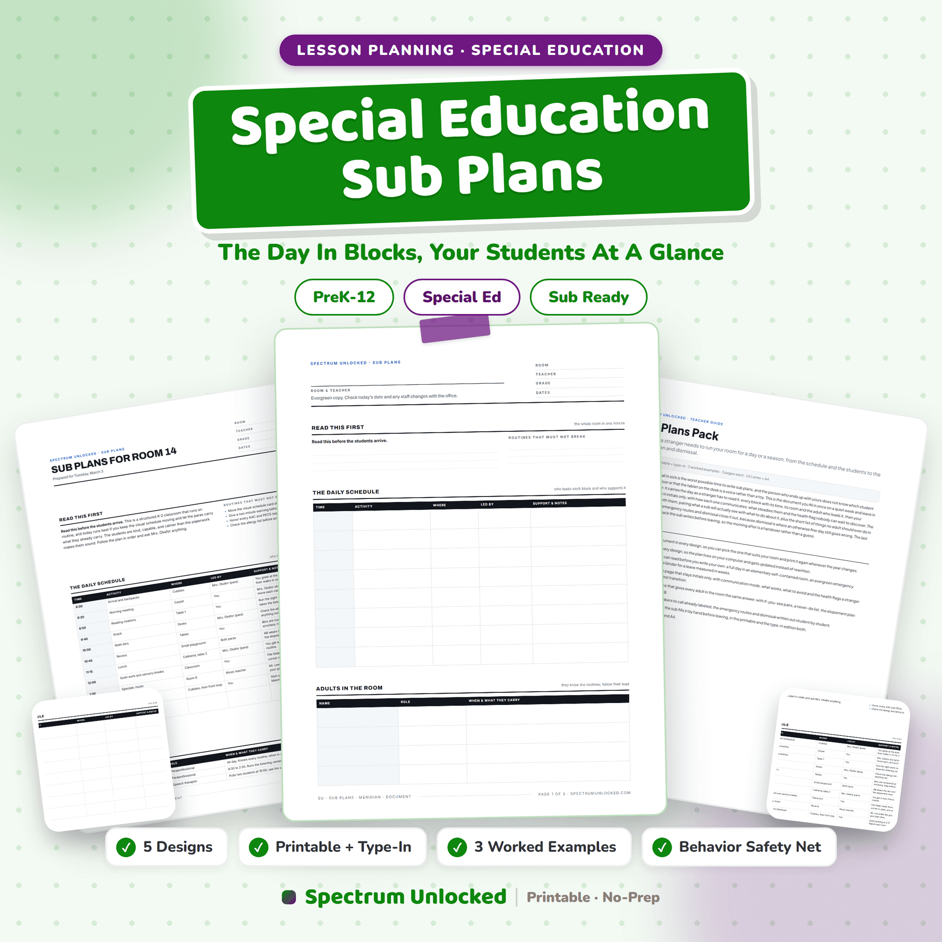 Special Education Sub Plans pack cover, the day in blocks with your students at a glance, in five designs with three worked examples